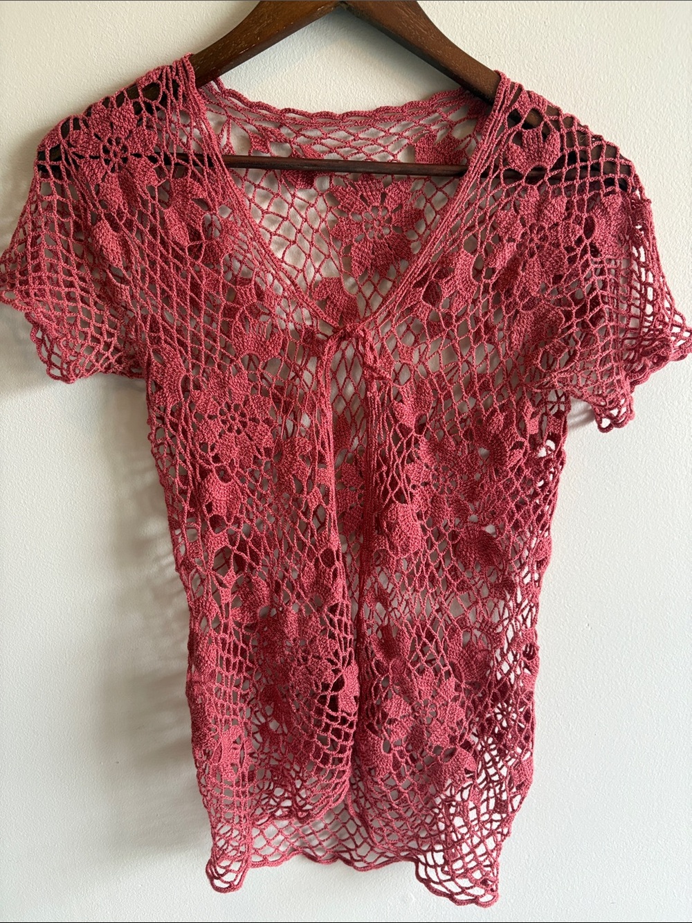 Appears Hand Crocheted Floral Mesh Cardigan Boho Lace Tie Front Shrug